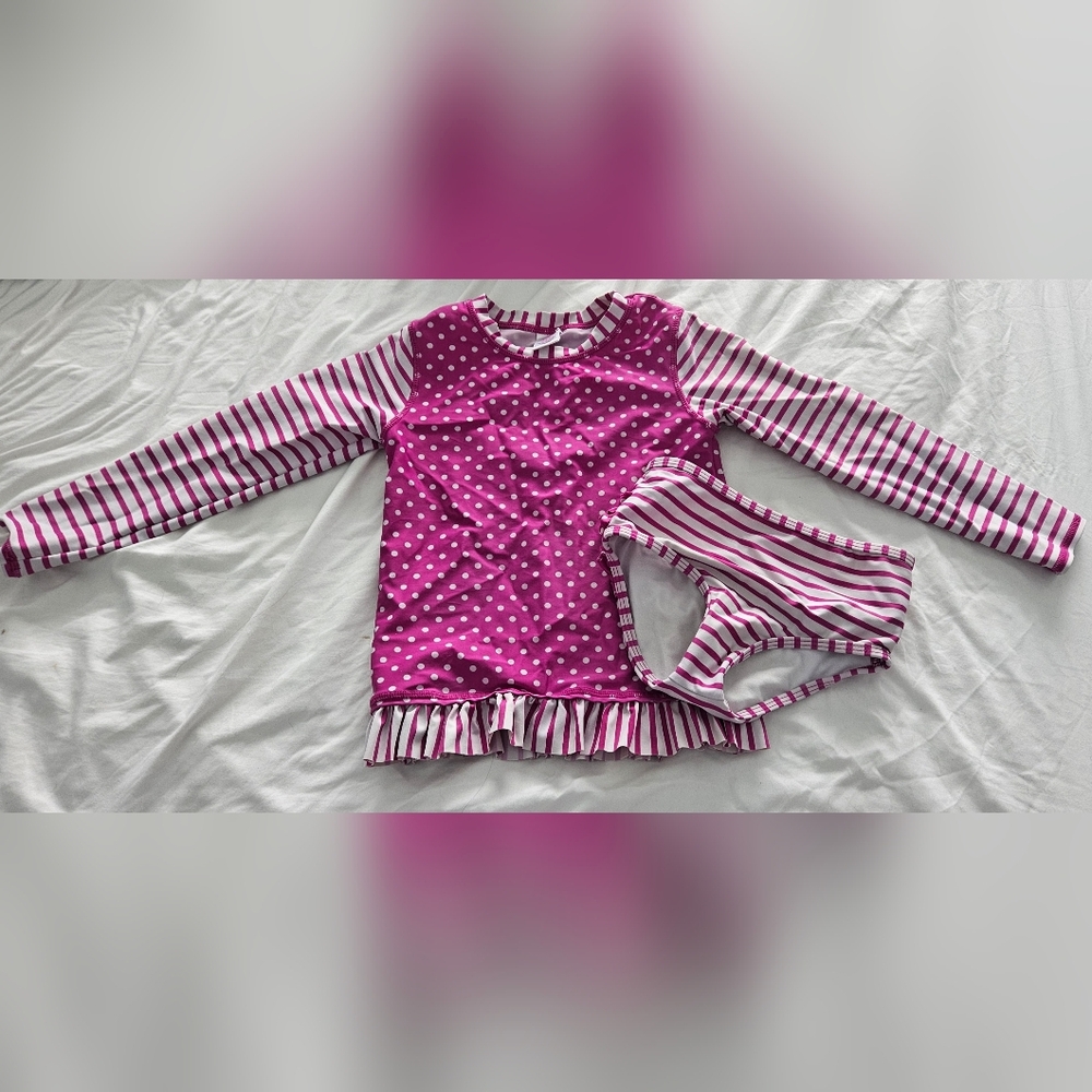 Ruffle Butts Pink and White Polka Dot Rashguard Swimsuit, Little Girls Size:6